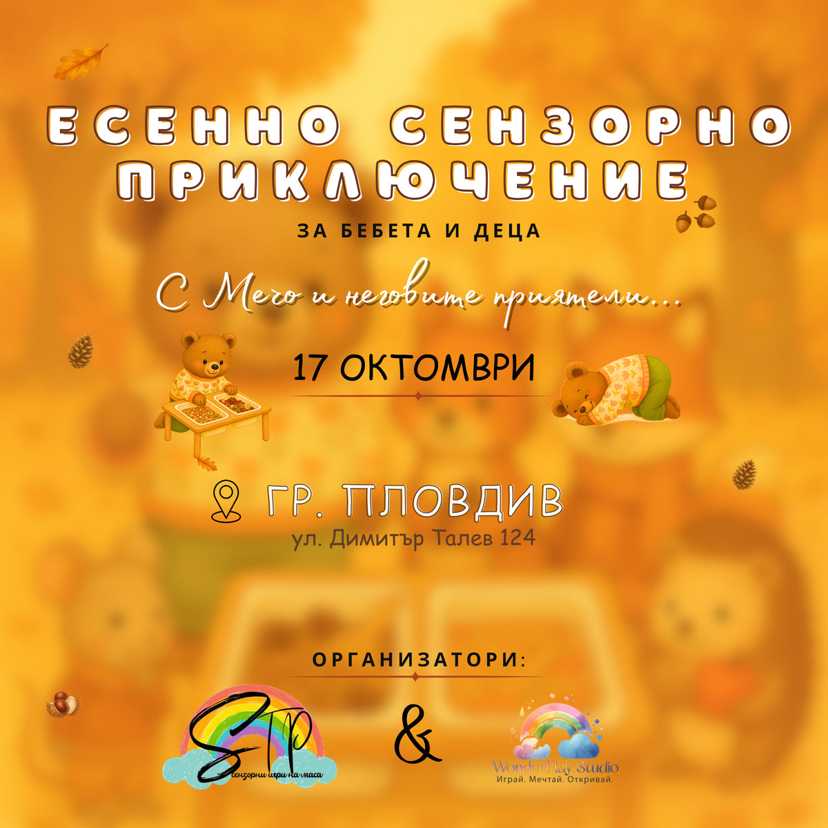 Есенно сензорно събитие на Мечо и приятелите му за деца от 1,5г до 4г | 17.10.2026 г. от 10:30 ч.